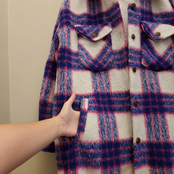 STEVE MADDEN NYC Pink & Blue Plaid Jacket Long Oversized Coat Shacket Sz M City - Picture 5 of 9